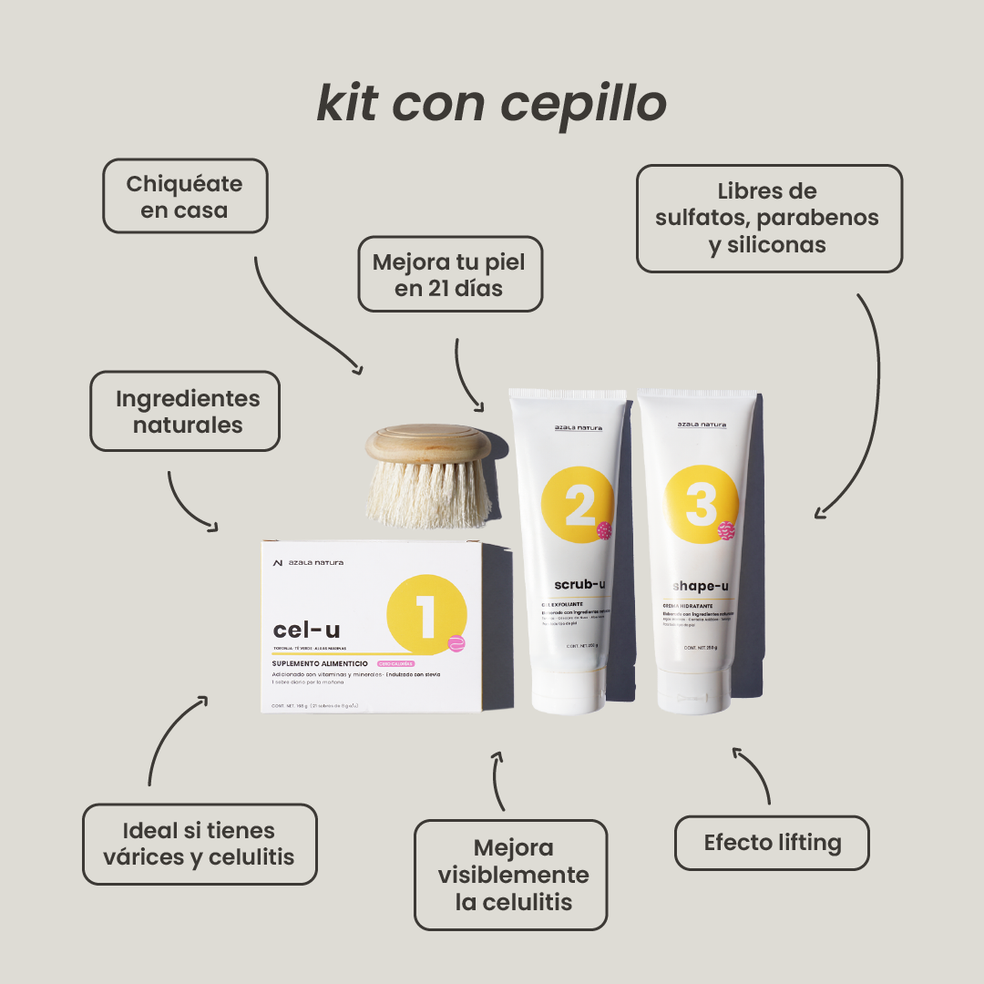 Producto anticelulitis, ingredientes naturales, fácil de usar, cepillo